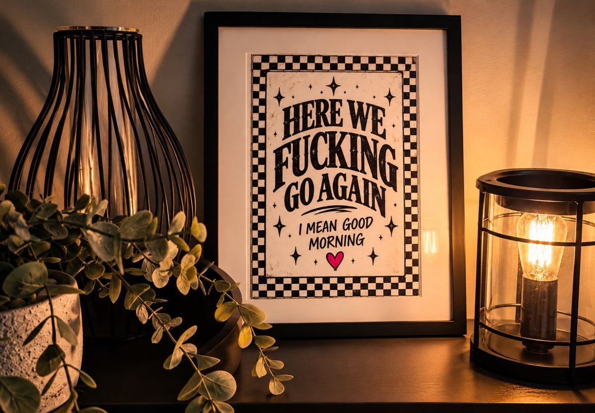 Here We Fucking Go Again I Mean Good Morning 8x10 art print in a styled frame; frame not included