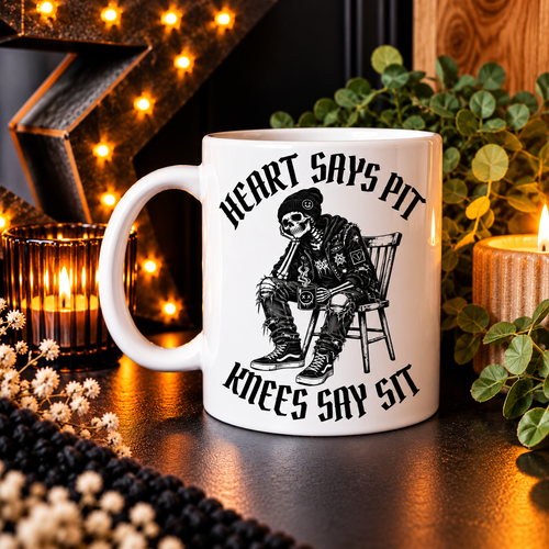 Heart Says Pit, Knees Say Sit | Metalhead Skeleton Mug