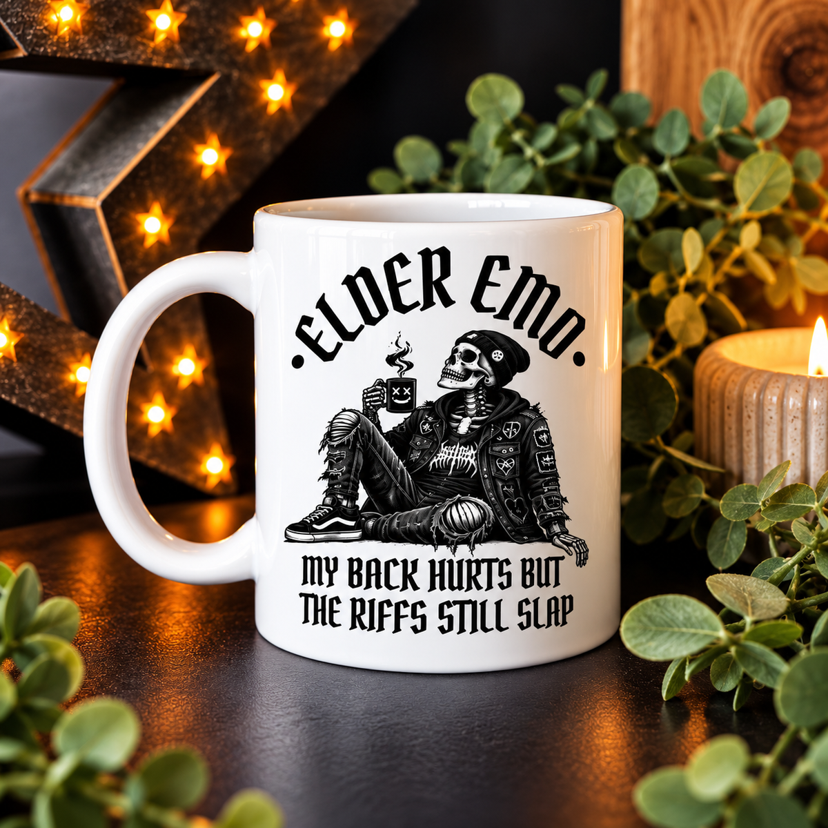 Elder Emo Skeleton Mug | My Back Hurts But The Riffs Still Slap