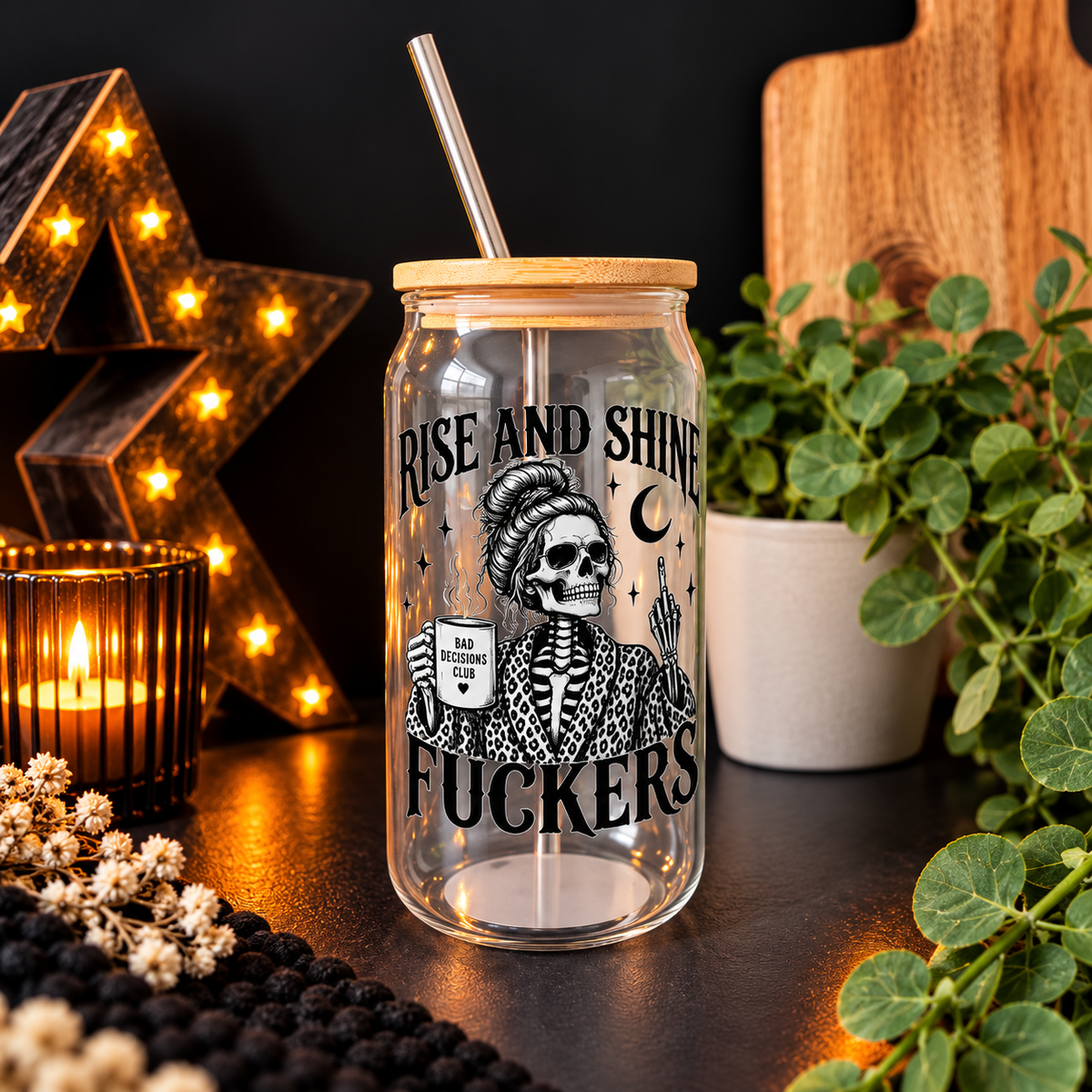 Rise & Shine Skeleton Glass Tumbler